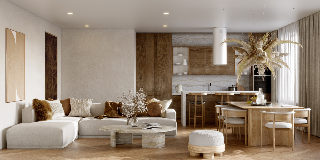 Interieur piece de vie moderne et nature